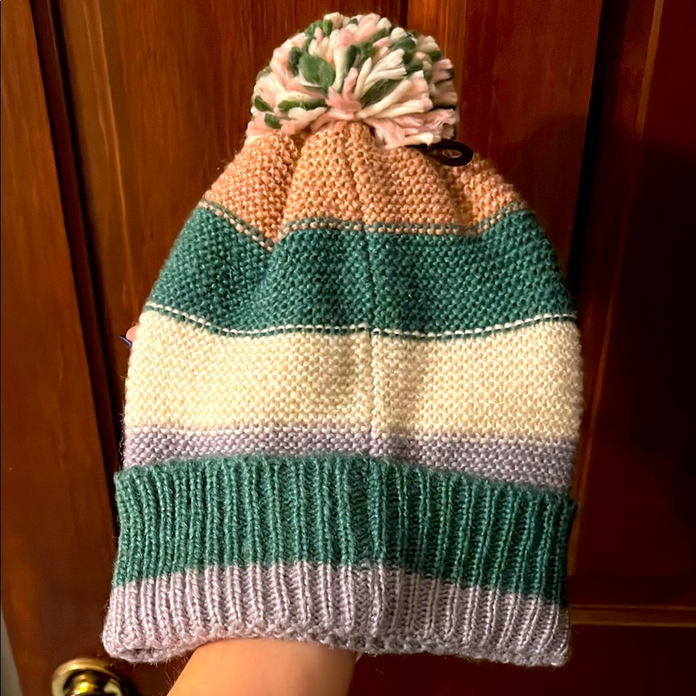 Green, Pink, Gray & White Striped Beanie